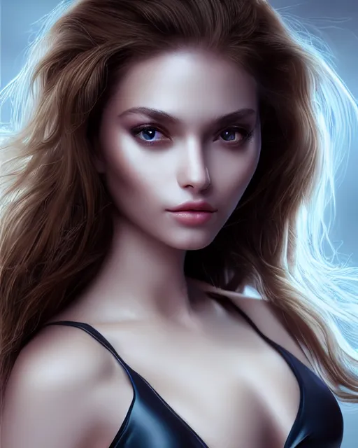 Image similar to a beautiful woman cat chimera, photo, ultra detail, photoreal, professionally retouched, soft moonlight lighting, shiny plastic bikini, realistic, smooth face, goddess, luscious lips, perfect eyes, wide angle, sharp focus on eyes, 8 k high definition, insanely detailed, intricate, elegant, art by artgerm and wlop