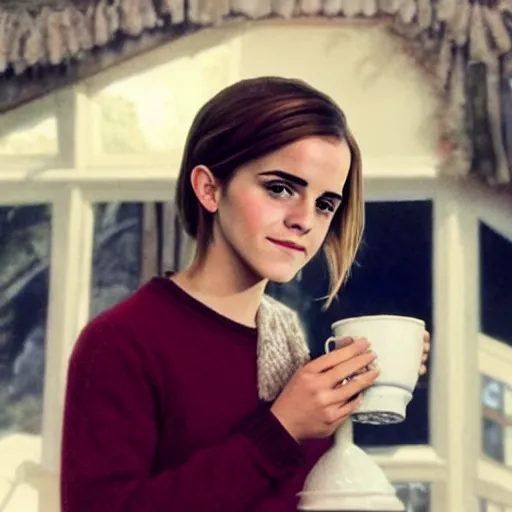 Image similar to emma watson drinking a saucer of warm milk, in the style of a bob ross painting