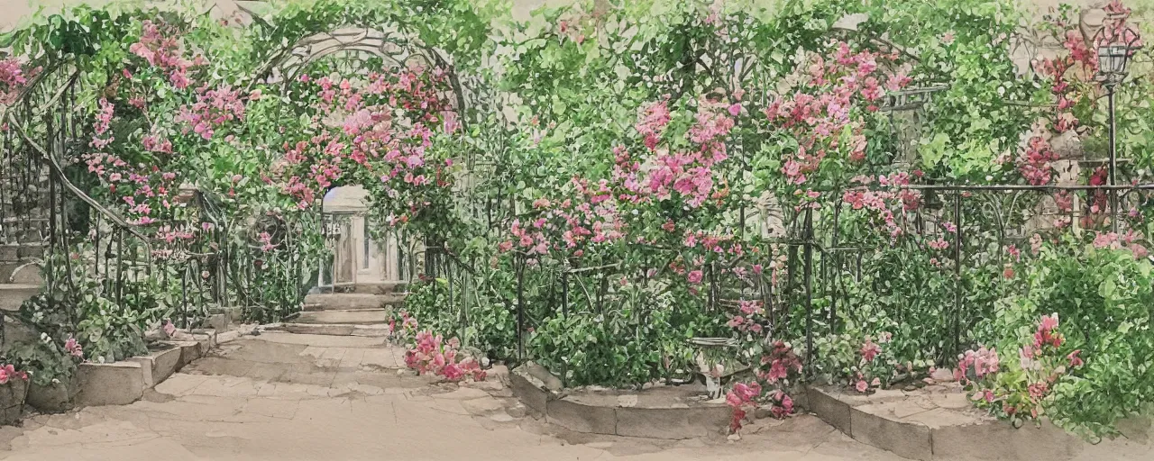 Prompt: isomeric view, stairway, chairs, wrought iron, delicate water in a botanic garden, garden road, sparrows, temple in a botanical herbarium paper, watercolor colored painting, iridescent colors, 8 k, realistic shaded, fine details, artstation, italian style, colonnade, huge flowers, architecture