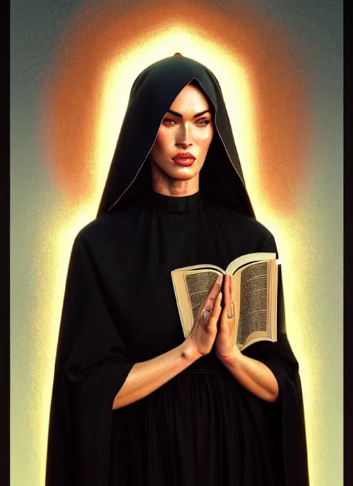 Image similar to portrait of megan fox as a nun praying, catholic, church, bible, christian, intricate, headshot, highly detailed, digital painting, artstation, concept art, sharp focus, cinematic lighting, illustration, art by artgerm and greg rutkowski, alphonse mucha, cgsociety