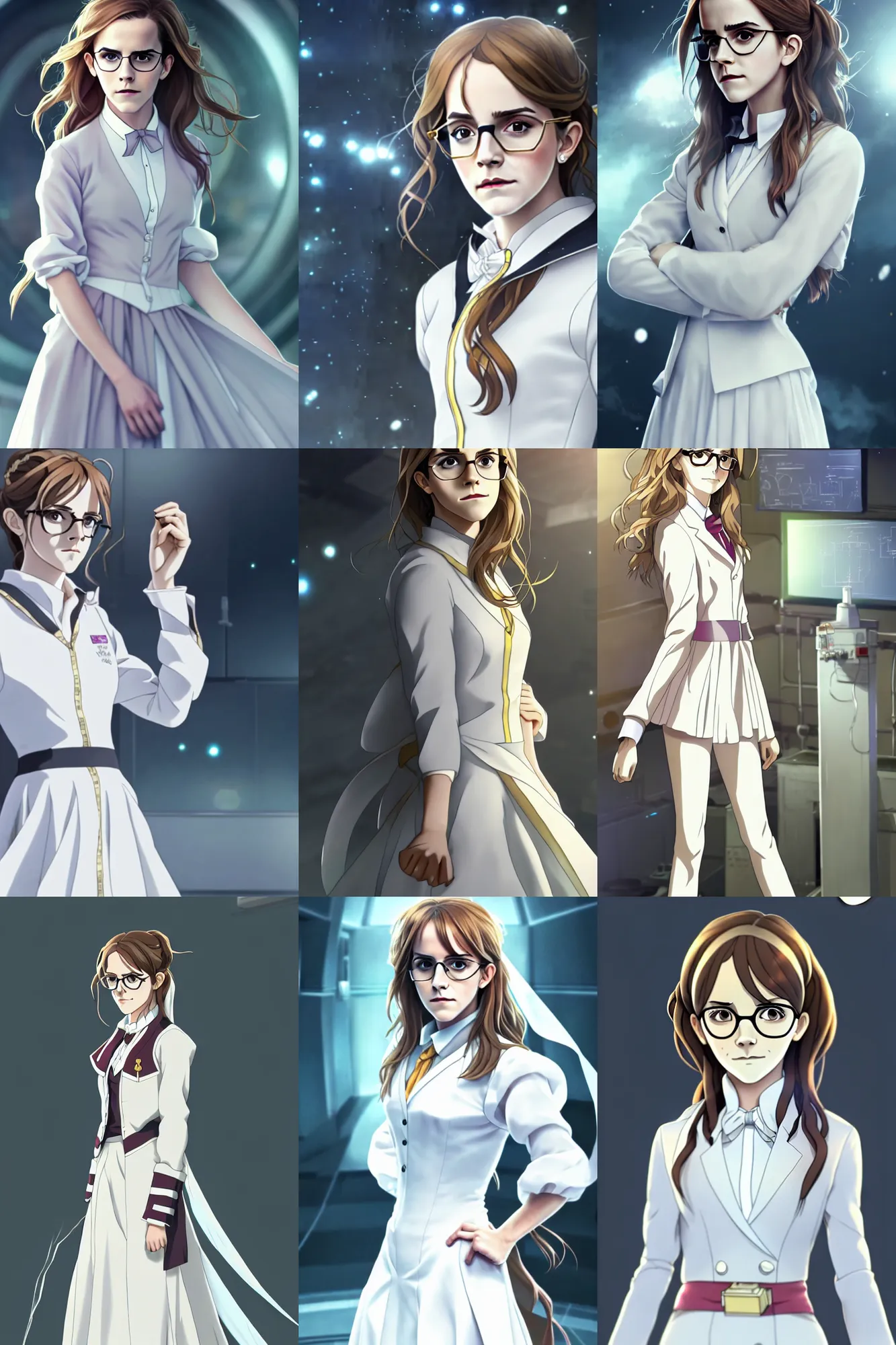 Prompt: emma watson act as hermione in a wedding dress, wearing white suit and glasses, standing inside a research facility, character art, anime key visual, official media, intricate details, 8 k, trending on pixiv, cinematic lighting, beautiful, cosplay