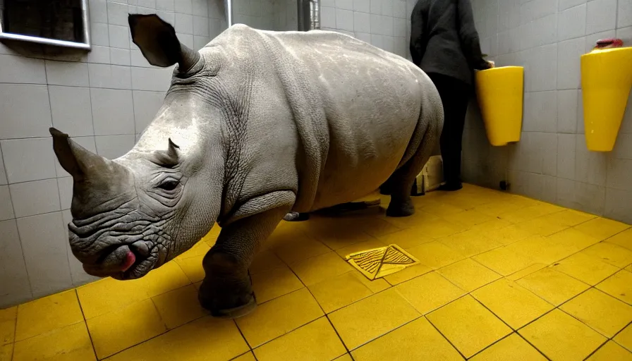 Image similar to a rhinoceros in a public bathroom with yellow tiles floor, mini dv camera found footage, very very low quality, heavy grain, heavy jpeg artifact blurry, caught on trail cam