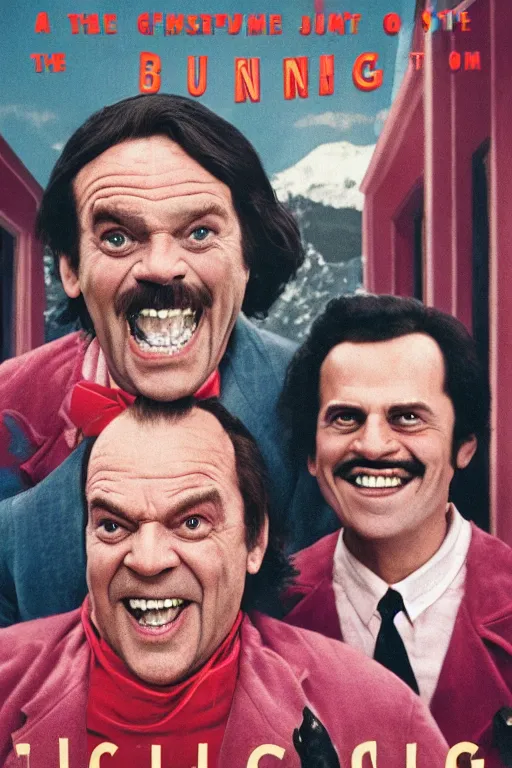 Image similar to a movie poster for the film the shining in the style of the grand budapest hotel featuring one grinning jack nicholson and an axe.