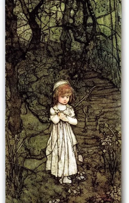 Prompt: little girl in the fairy woods by carl larsson, arthur rackham