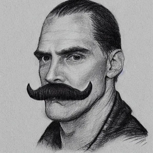 Image similar to A crosshatched portrait drawing of Jerma985 with a pyramidal mustache in the mid-late 1800s, cross haching, crosshatching, mid-late 1800s, grainy, realistic, hyperrealistic, very realistic, highly detailed, very detailed, extremely detailed, detailed, trending on artstation