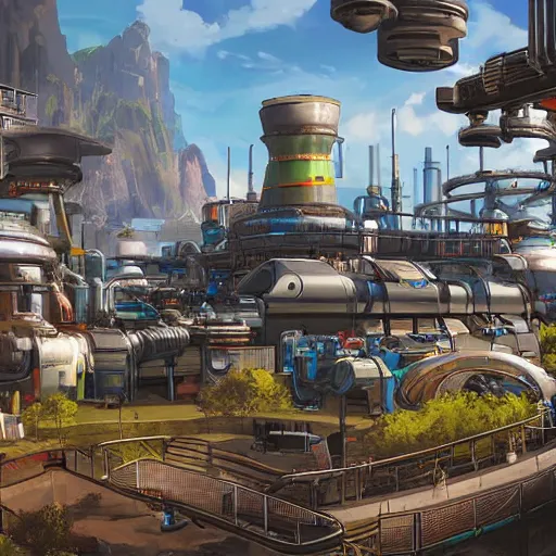 Image similar to sci fi power plant from apex legends in a pleasant urban setting surrounded by families, art station, ultra hd, soft light, overhead sun, ultra hd, art station