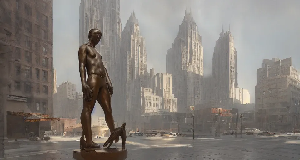 Prompt: bronze statue stands in the city center. art deco architecture. photorealism, soft light, morning. by greg rutkowski, frank lloyd wright, michelangelo. hyperrealism, dusty, moody, high detail, artstation, digital painting, octane render, tonal color scheme.