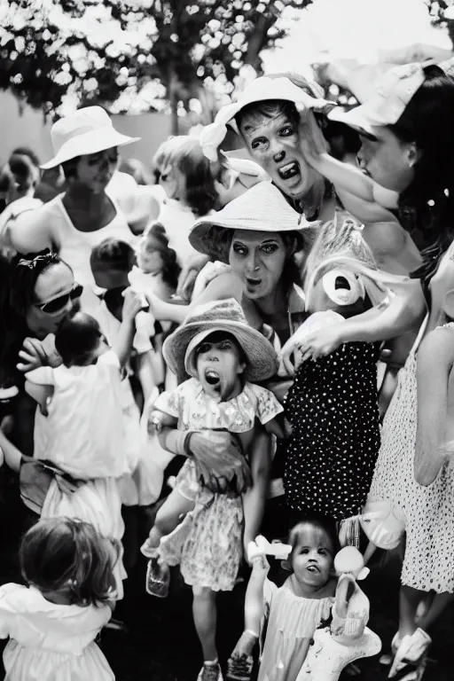 Prompt: “an exhausted beautiful mother wearing a sun hat and sundress, surrounded by exciting screaming children at a birthday party, 10 mm photo, Leica, F4”