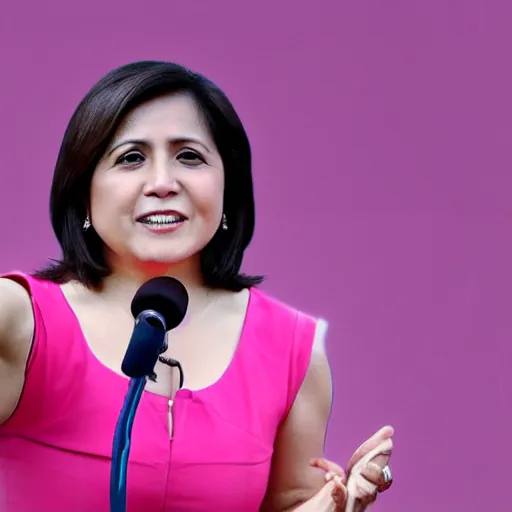 Image similar to Leni Robredo on a stage, wearing a pink dress, waving to thousands of people, trending on artstation