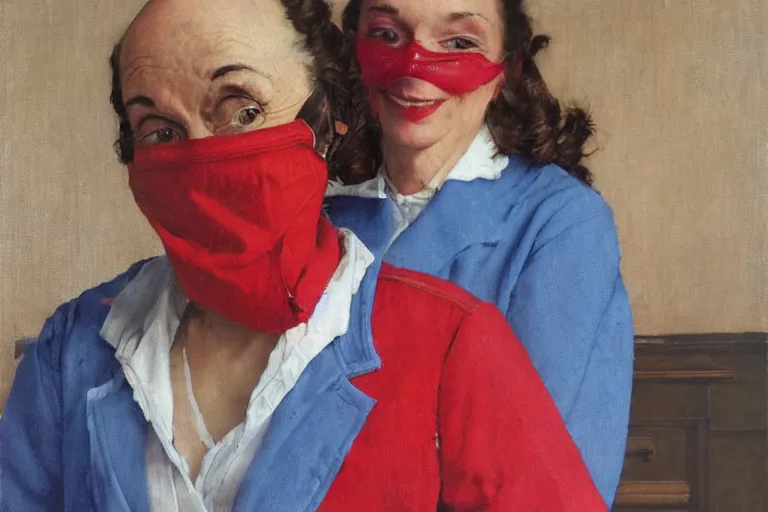 Image similar to portrait of a woman! wearing a jacket!!! wearing a chirurgical blue!!! mask, happy, norman rockwell!