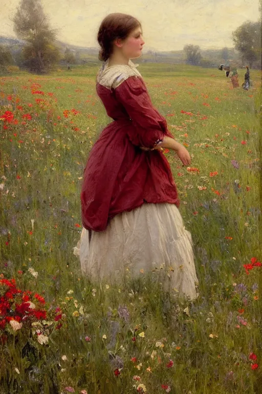 Image similar to Solomon Joseph Solomon and Richard Schmid and Jeremy Lipking victorian genre painting portrait painting of a young cottagecore girl in an open field of flowers, red background