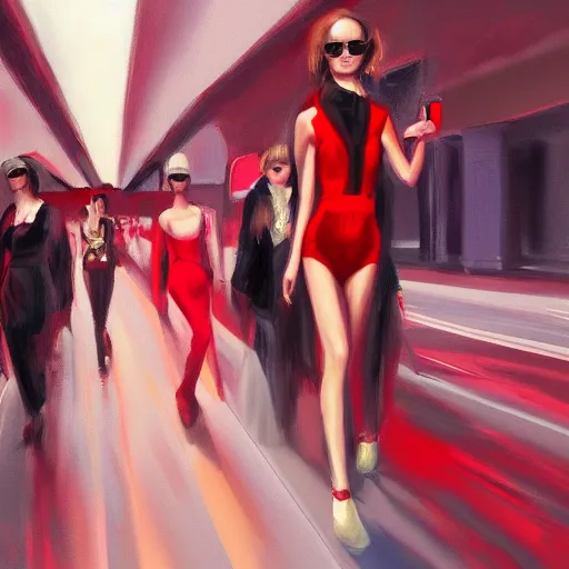 Image similar to red light fashion, gucci catwalk, oil painting, digital art, ultradetailed, artstation