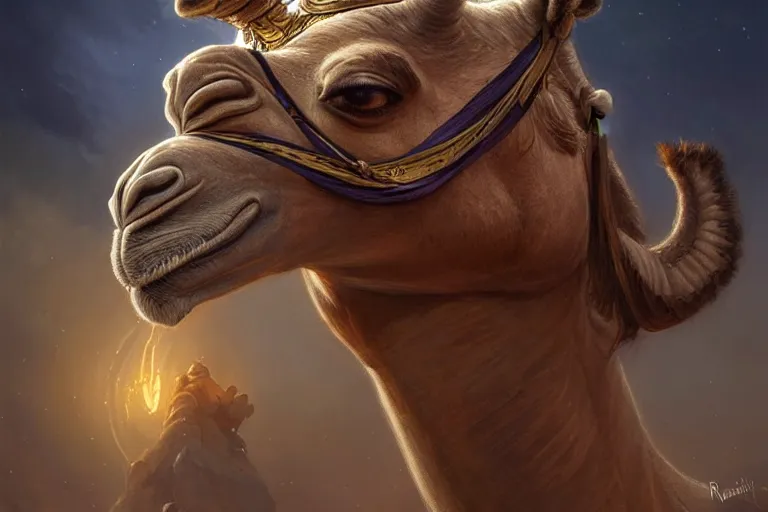 Prompt: triple headed camel, 1 0 0 1 night, deep focus, d & d, fantasy, intricate, elegant, highly detailed, digital painting, artstation, concept art, matte, sharp focus, illustration, hearthstone, art by artgerm and greg rutkowski and alphonse mucha