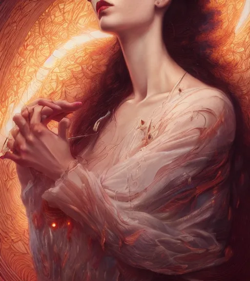 Image similar to portrait of the last touch by karol bak, James Jean, tom bagshaw, rococo, Trending on artstation, cinematic lighting, hyper realism, octane render, 8k, hyper detailed.