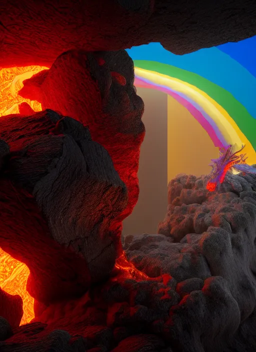 Prompt: a highly detailed crisp unreal engine render of a clow head ripped through lava flower and a rainbow sky, ling xiang, Etienne Hebinger, Ilya Nazarov, Marcus Whinney, artstation 3D render