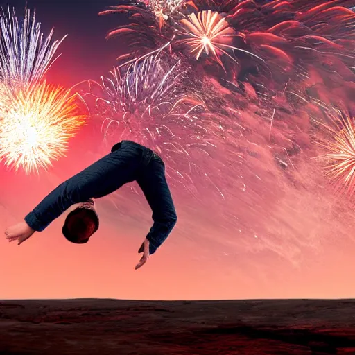 Image similar to 4 k hdr photo of elon musk doing a backflip on the surface of mars during a blue martian sunset surrounded by fireworks in the background