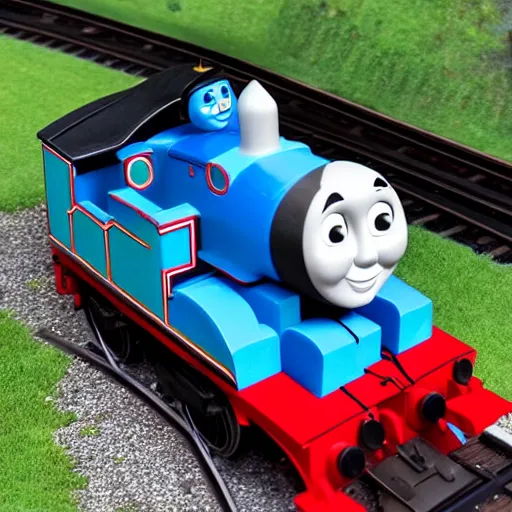 Image similar to hyper detailed photo realistic thomas the tank engine with a white face going fast