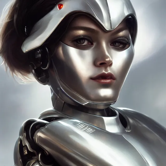 Prompt: close up portrait of beautiful futuristic female robot cyborg with silver chrome metallic shiny reflective skin wearing white armor, space background, subsurface scattering, artistic, art by artgerm, greg rutkowski and alphonse mucha, artstation, octane render,