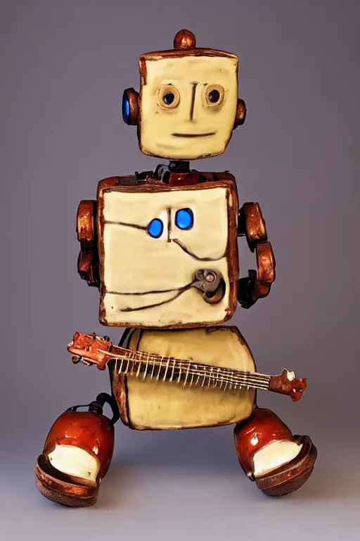 Image similar to glazed ceramic sculpture of a country bumpkin robot playing a banjo, straw in his mouth, studio lighting, rim lighting, high detail, hyper realistic, 8 k