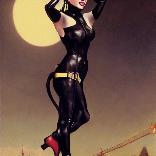 Prompt: Painting of Madonna as Catwoman from Batman Returns. Art by william adolphe bouguereau. During golden hour. Extremely detailed. Beautiful. 4K. Award winning.