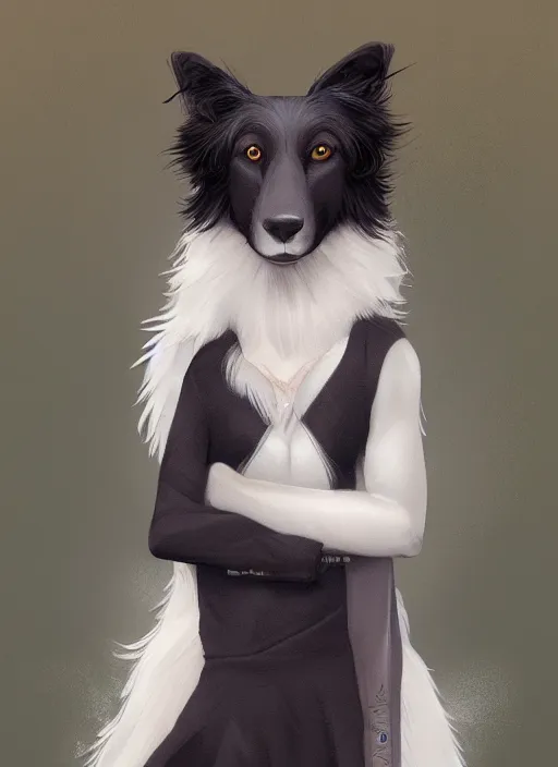 Image similar to wide angle beautiful full body portrait of a strong male anthropomorphic anthro border collie fursona in an evening gown by a lake at night, character design by charlie bowater, henry asencio, and ross tran, detailed, aesthetic, trending on artstation, furaffinity