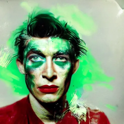 Image similar to young peter otoole with green hair, white paint on face, messy red lips, portrait, impressionistic, film still