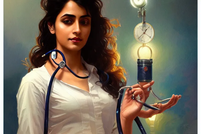 Image similar to sensual pale beautiful indian doctor in jeans with stethoscope, art deco portrait, elegant, intricate, digital painting, artstation, concept art, smooth, sharp focus, illustration, art by artgerm and greg rutkowski and alphonse mucha