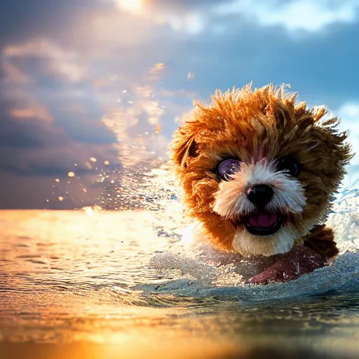 Image similar to a closeup photorealistic photograph of a cute smiling tiger bichon puppy splashing in the surf during sunset. professional capture, well lit shot. this 4 k hd image is trending on artstation, featured on behance, well - rendered, extra crisp, features intricate detail, epic composition and the style of unreal engine.