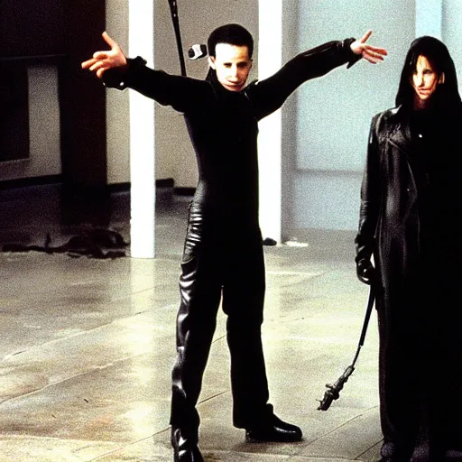 Prompt: picture of andrew tate as neo on the set of the matrix ( 1 9 9 9 )