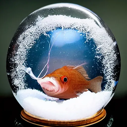 Image similar to an anglerfish inside a snow globe, award-winning photograph, trending on Facebook