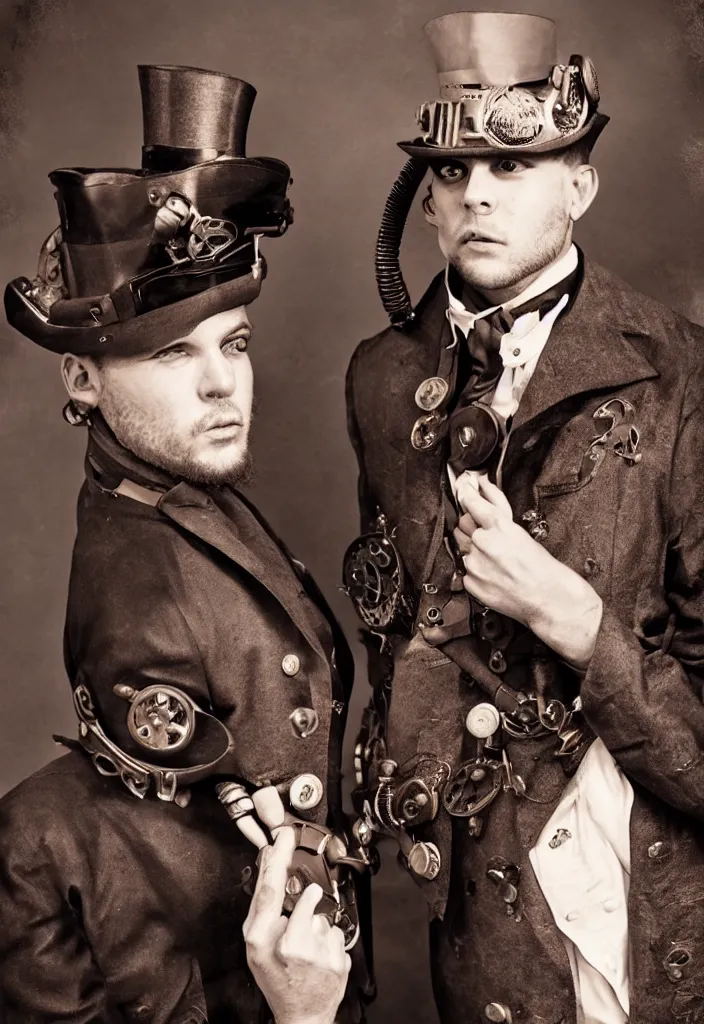 Image similar to two handsome men looking each other with steampunk suit photographed by bruce labruce