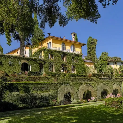 Prompt: Large Italianate House with beautiful landscaping on the shores of Lake Como, by Claude Monet