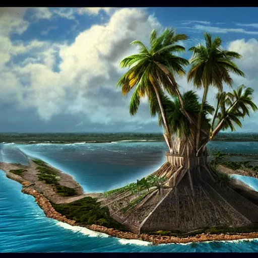 Prompt: Long forgotten island that once hosted a great civilization now gone, Tropical Island, matte painting, concept art