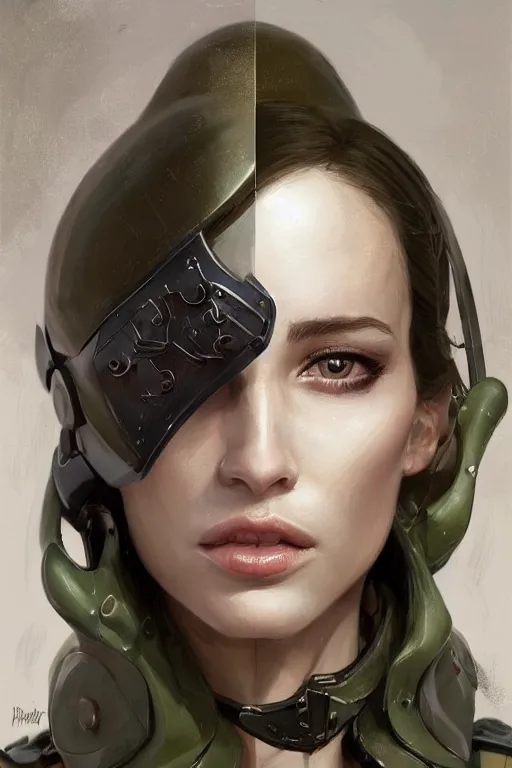 Image similar to a professionally painted portrait of an attractive young woman, clothed in military armor, olive skin, long dark hair, beautiful bone structure, symmetrical facial features, intricate, elegant, digital painting, trending on Artstation, concept art, smooth, sharp focus, illustration, from Metal Gear by Ruan Jia and Mandy Jurgens and Artgerm and William-Adolphe Bouguerea, award winning