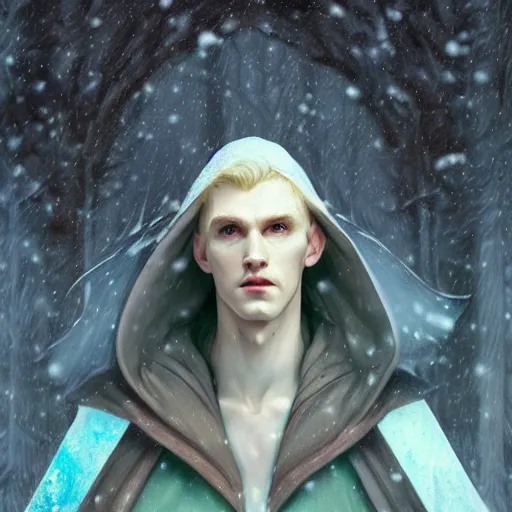 Image similar to portrait of a handsome pointy - eared male snow elf in a turquoise cape, albino skin, pointy ears, mid - shot, moonlight snowing, ethereal opalescent mist, winter vibes, perfect face, elegant, very coherent symmetrical artwork, by greg rutkowski, alphonse mucha, charlie bowater, trending on artstation