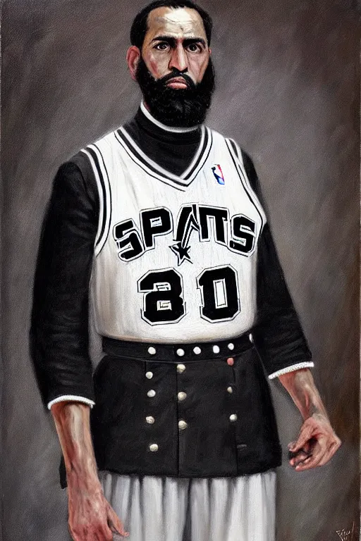 Image similar to full body portrait of the dictator of the san antonio spurs, 1 8 8 9, in full military garb, silver, black, white, oil on canvas by william sidney mount, trending on artstation