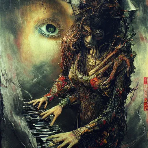 Prompt: realistic detailed UHD photorealistic The Mummy Playing Piano, by Ayami Kojima, Amano, Karol Bak, Mark Brooks, tonalism, rich deep colors. Beksinski painting, art by Adrian Ghenie and Gerhard Richter. art by Takato Yamamoto. masterpiece