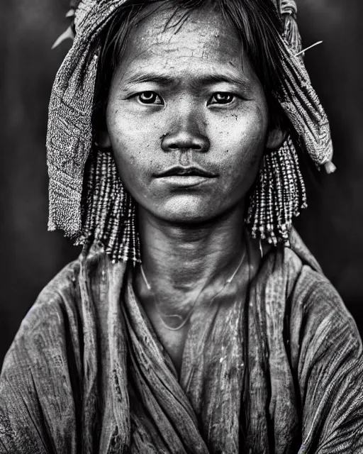 Image similar to Award winning Portrait photo of a Native Myanmarese with hyper-detailed hair and beautiful eyes wearing traditional garb by Lee Jeffries, 85mm ND 5, perfect lighting, gelatin silver process