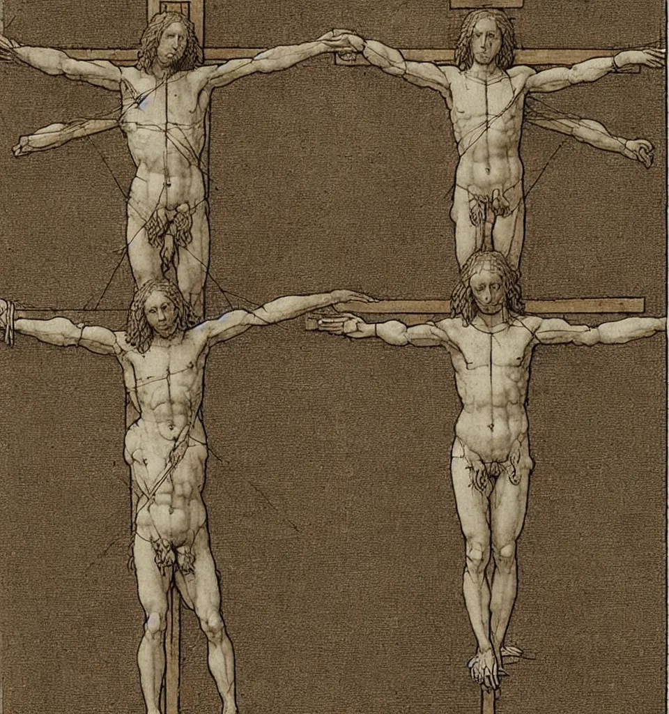 Prompt: Leonardo da Vinci's Vitruvian Man crucified on a cross, full body, centered