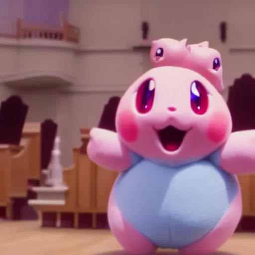 Prompt: film still of jigglypuff singing in a worship choir at a baptist church from the movie pokemon