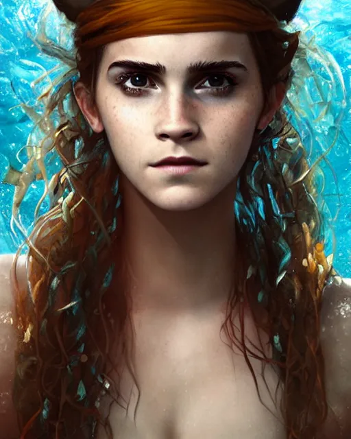 Image similar to underwater pirate portrait of emma watson, au naturel, hyper detailed, digital art, trending in artstation, cinematic lighting, studio quality, smooth render, unreal engine 5 rendered, octane rendered, art style by klimt and nixeu and ian sprigger and wlop and krenz cushart.