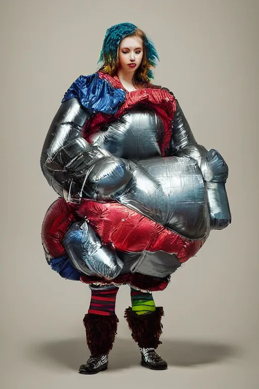 Image similar to a character wearing a voluminous inflatable suit made from tartan mix and metal and plastic, blurred, muted colors, oil painting hyper real, super detailed, soft light