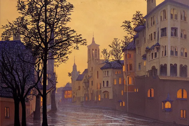 Prompt: view of the old city and its tree-lined winding streets still wet after a storm, tall windows lit up, beautiful ornamental architecture, dramatic cinematic lighting, rich colors, by Nicholas Roerich and and William Dyce and ford madox brown and April Gornik and Ludwig Deutsch and Sylvain Sarrailh , featured on artstation