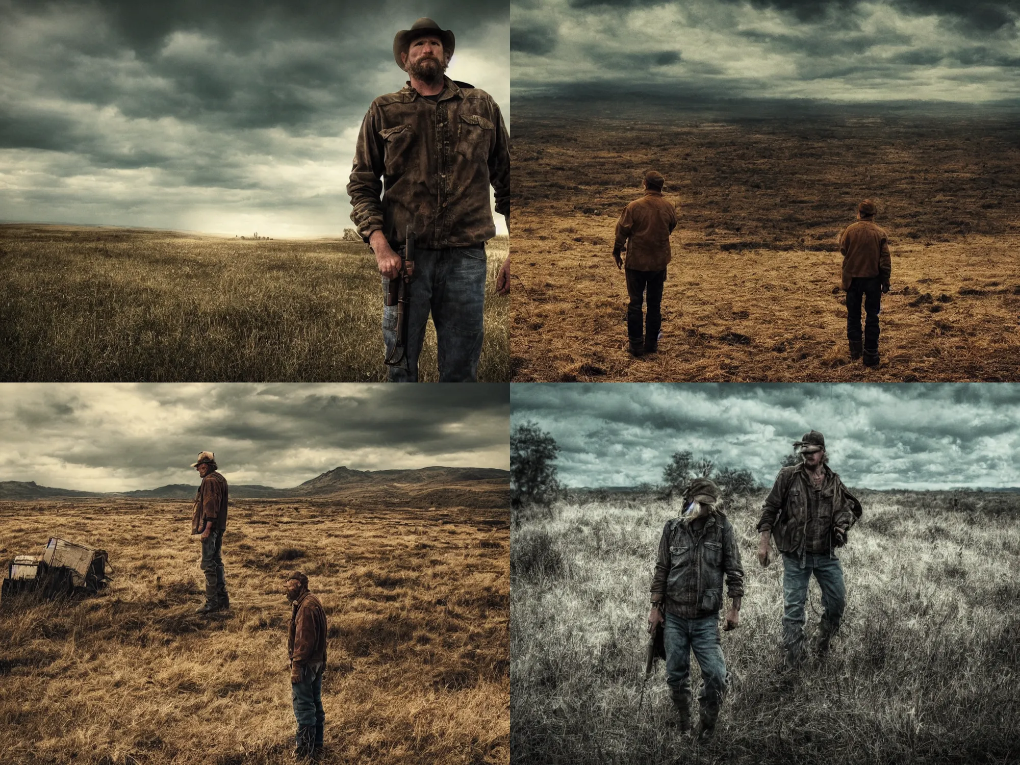 Prompt: country man in the end of the world, cinematic,