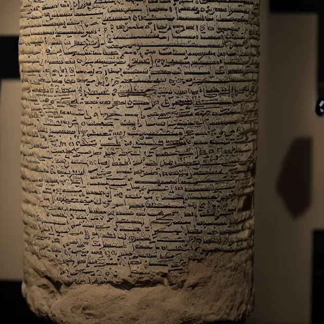 Image similar to a photo of a museum display showing a cylindrical clay holding a dead sea scroll with nabeatean writing, dark, brooding, atmospheric, volume lighting