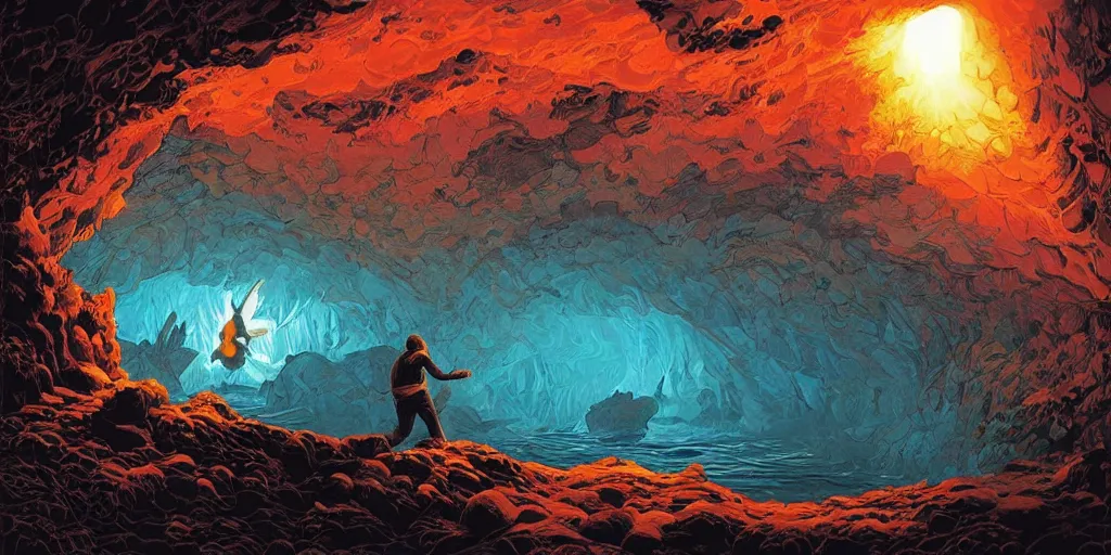 Prompt: artwork, masterpiece of from Dan Mumford collection ::Gavin Kennedy Sunchaser:: a man trying to get out of a cave to the light, trending on ArtStation, composition painted by Dan Mumford and face painted by artgerm