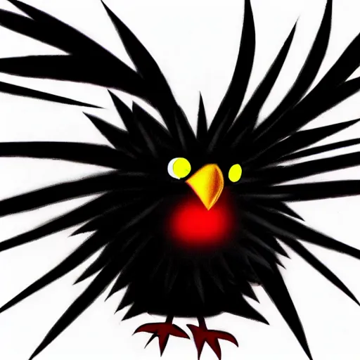 Image similar to crazy black chicken looking angry at you with red eyes, anime style