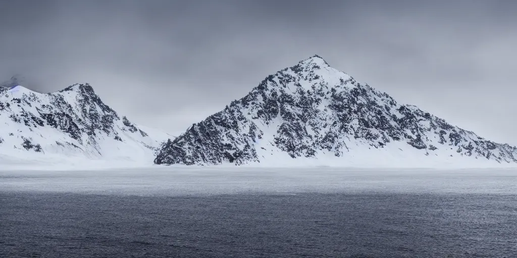 Prompt: a snowy mountain on an endless sea, photo, 8 k