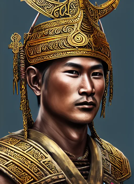 Image similar to smart tai warlord of lanna, chiang mai, closeup portrait, without beard and mustache, historical hero, ethnic group, tai costume, thai traditional bronze headdress, intricate, with leather armor cross on bare chest, elegant, loin cloth, highly detailed, oil painting, artstation, concept art, matte, sharp focus, illustration, hearthstone, art by earl norem