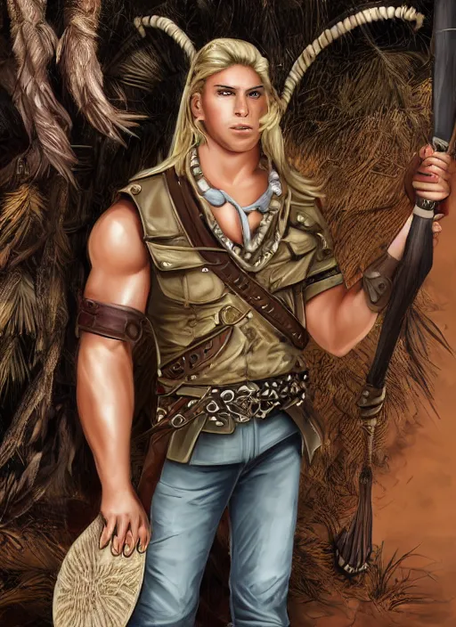 Image similar to a male ranger, dnd, wearing a leather vest and white linen pants, puka shell necklace, long swept back blond hair, with a bongo drum and nunchucks, chiseled good looks, digital art